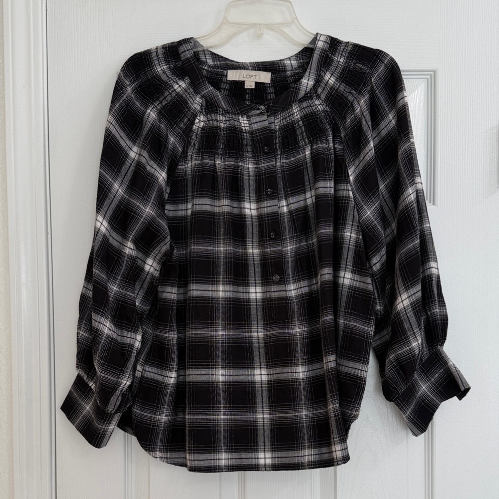 LOFT Women's Black and White Checkered Blouse